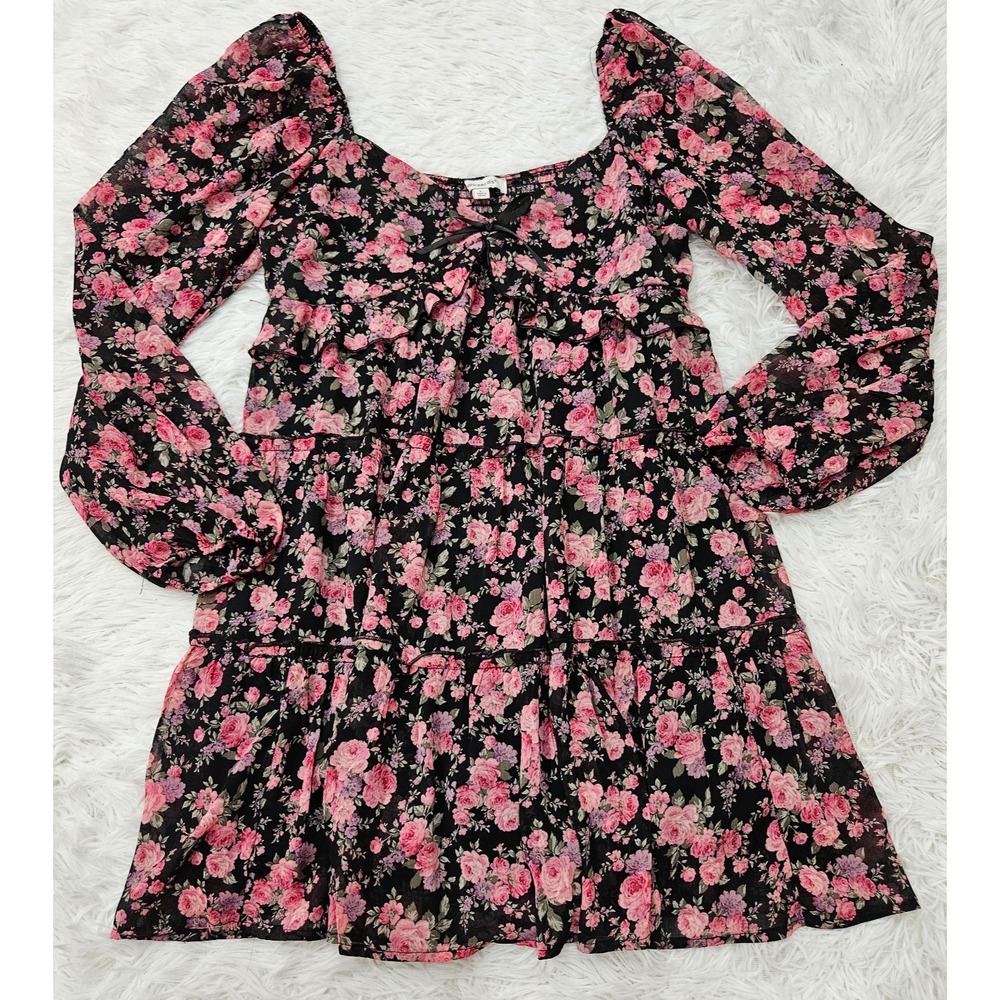 NWT Francesca's Pink Floral Cottagecore Romantic Tiered Chiffon Mini Dress Sz L - Picture 3 of 11